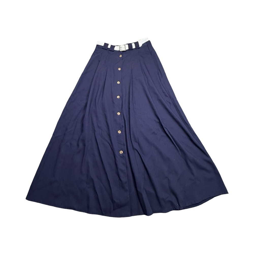Van Heusen Maxi Skirt Women 6 Navy Blue Button Front Rayon Blend Modest USA Made